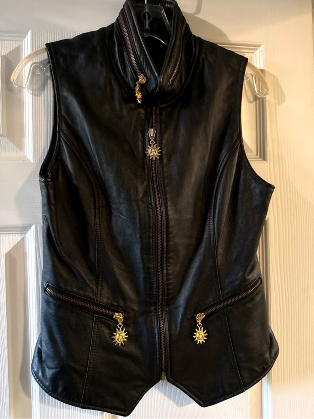 Vintage Unique Rem Garson Black Leather Zip Vest with Sunburst Accents